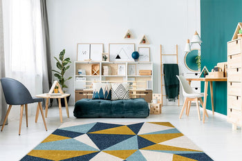 Amsterdam Pyramid Design Rug - Navy in a modern living room www.homelooks.com