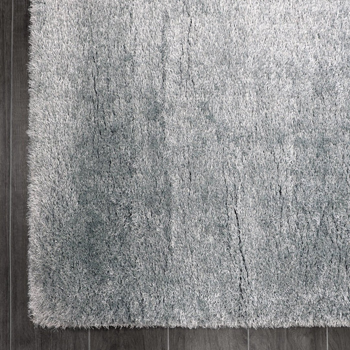 Puffy Shimmer Grey Shaggy Rug corner view www.homelooks.com