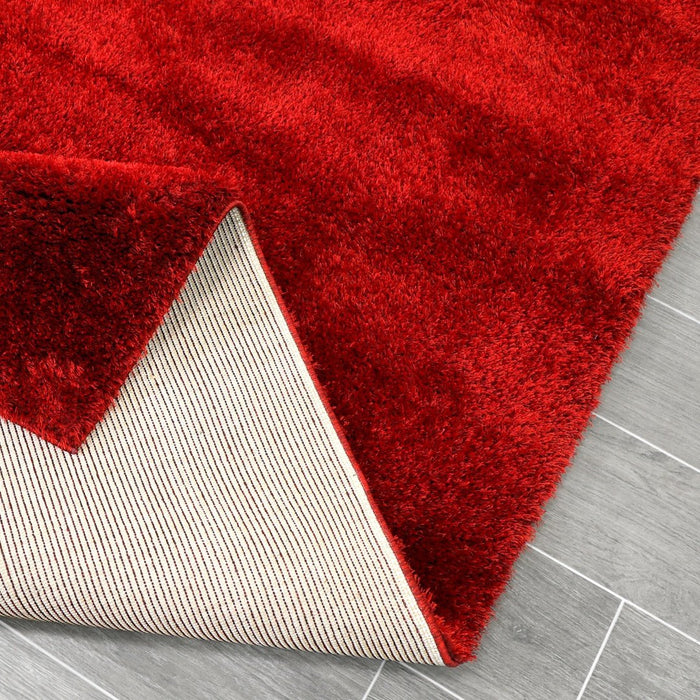 Puffy Shimmer Red Shaggy Rug folded corner www.homelooks.com