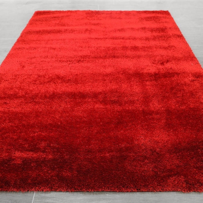 Puffy Shimmer Red Shaggy Rug over-view www.homelooks.com