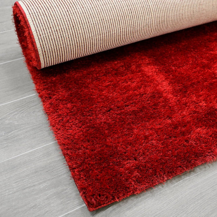Puffy Shimmer Red Shaggy Rug folded www.homelooks.com
