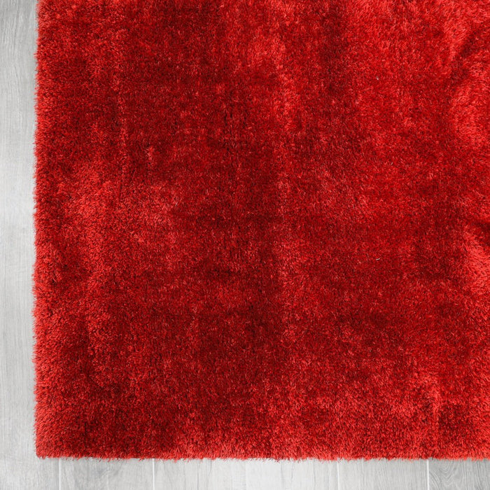 Puffy Shimmer Red Shaggy Rug corner view www.homelooks.com